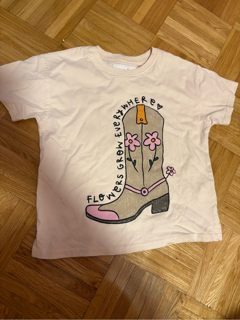 Zara Kids Pink Graphic Tee with Cowboy Boot Floral Print 5 years